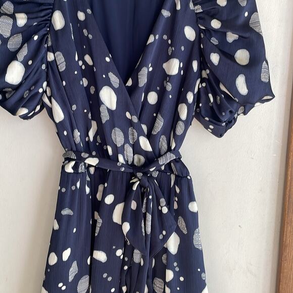 Ted Baker Steviee Polka Dot Puff Sleeve Dress Faux Wrap Dress Navy - Picture 7 of 16